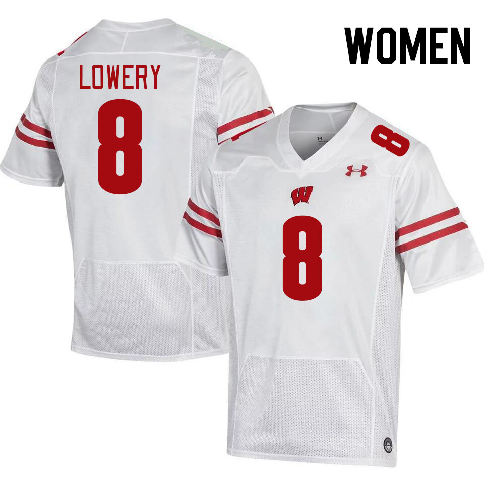 Women #8 Leon Lowery Wisconsin Badgers College Football Jerseys Stitched-White